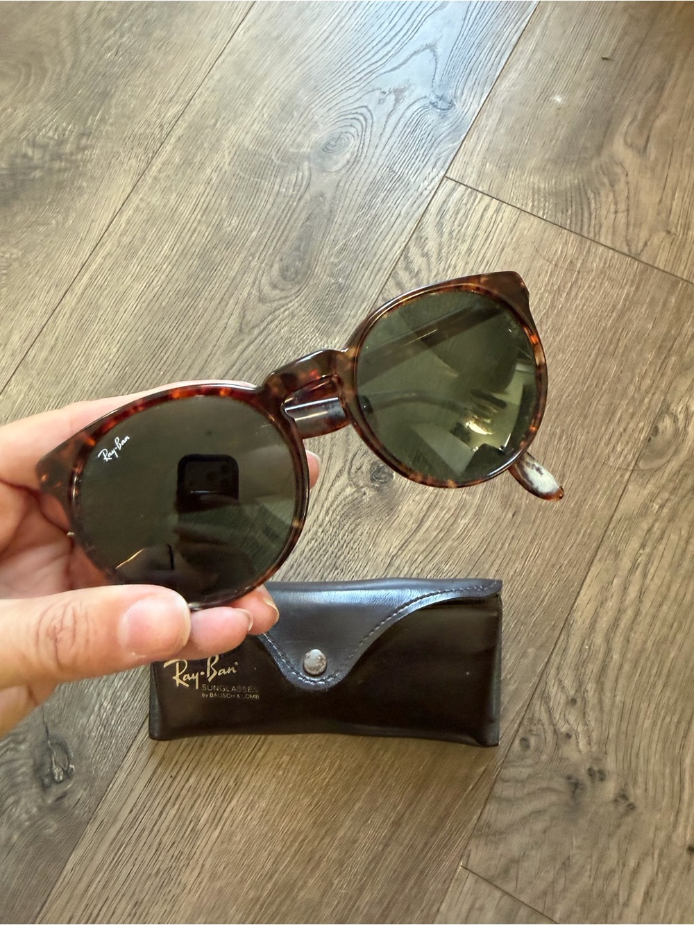 Ray-Ban Round Tortoiseshell Sunglasses — Brown/Green vintage Bausch and laumb